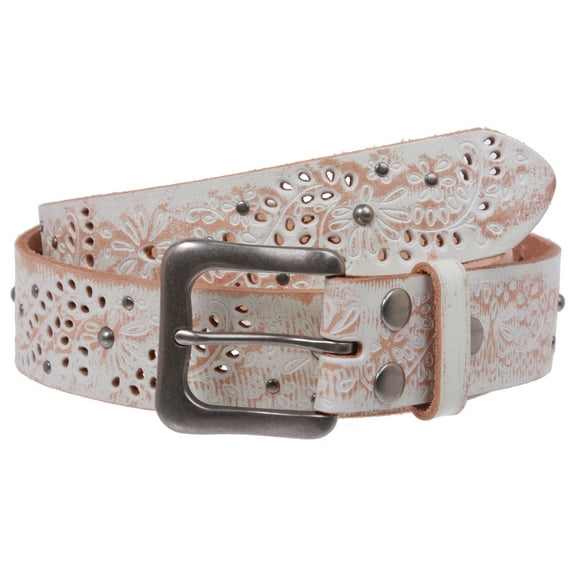 1 1/2" Snap On Embossed Vintage Cowhide Full Grain Leather Floral Rivet Perforated Casual Belt