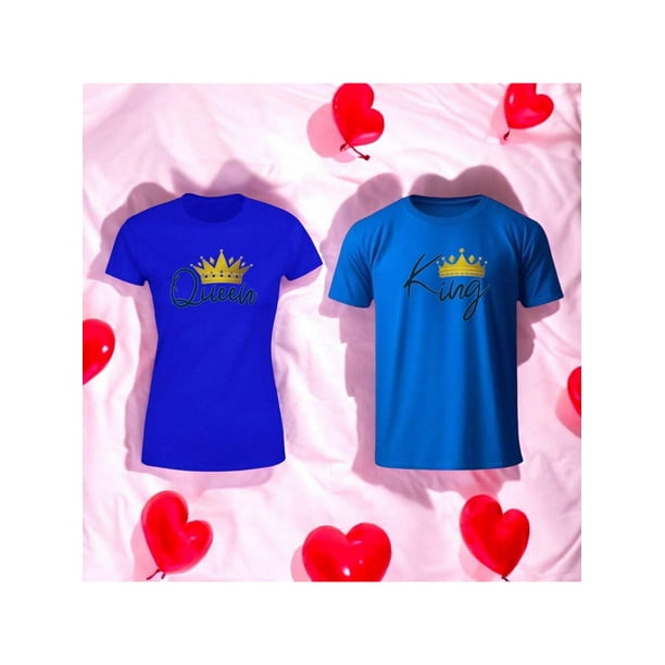 Playera En Duo Para Parejas De Queen y King 14 De Febrero San Valentin Color Azul Talla Chica Marca Emil SaEs