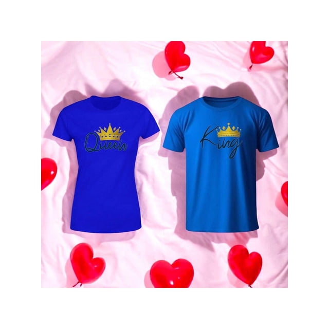 Playera En Duo Para Parejas De Queen y King 14 De Febrero San Valentin Color Azul Talla Chica Marca Emil SaEs