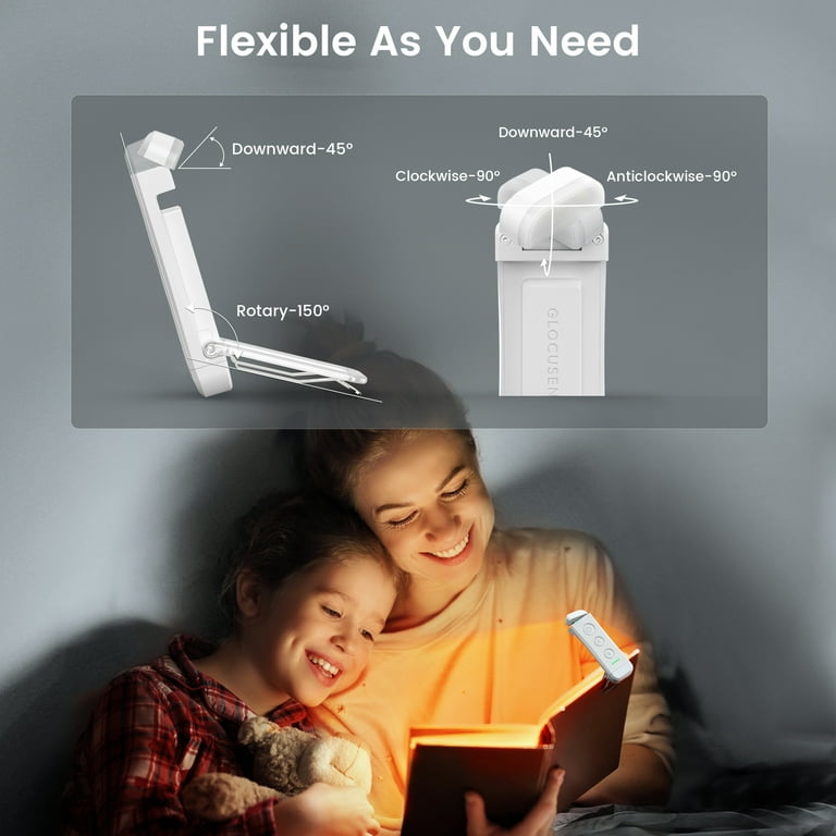 Glocusent USB Rechargeable Book Light for Reading in Bed, Portable Clip-on  LED Reading Light, 3 Amber Colors & 5 Brightness Dimmable, Compact & Long