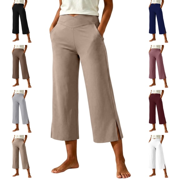 MLCDZ Capri Pants for Women Wide Leg Side Slits Yoga Pants for Summer Flowy Breathable Loose Casual Cropped Trousers with Pockets