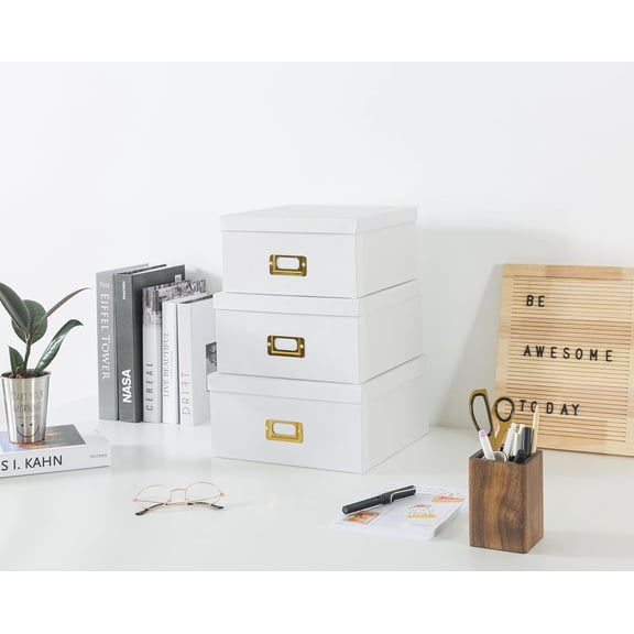 White Kraft Paper Boxes for Storage - Set of 3 Square Stacking Boxes with Lids and Gold Label Holders, Decorative Photo Storage, Nesting Cardboard Containers for Decor and Organizing