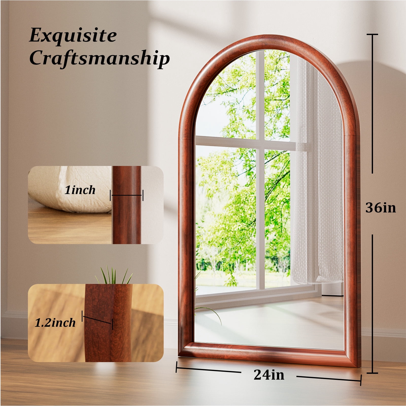 Easy4Home 36" x 24" Arched Bathroom Mirror Wall Decor with Wooden Frame, Walnut