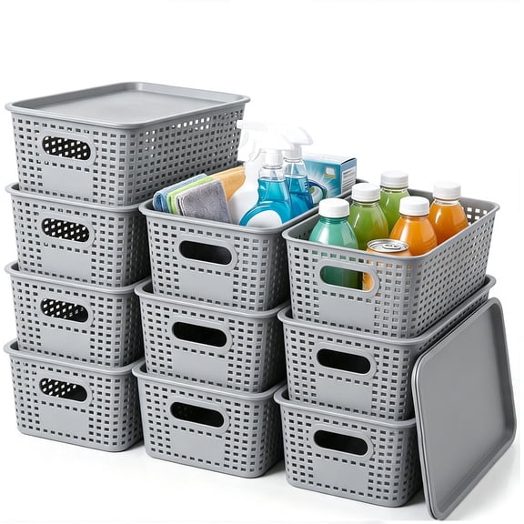Set of 10 Stackable Plastic Storage Bins with Lids, 10.2 x 7.2 x 4.1 Inches (Black/White/Gray)