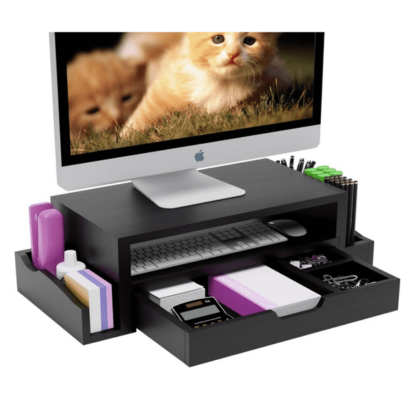 Monitor Stand Riser and Computer Wood Desk Organizer with Drawer and Pen Holder for Laptop, Computer