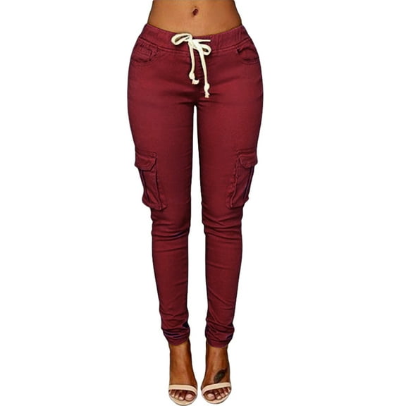 Huanledash Casual Women Solid Color Skinny Cargo Pants Pockets Drawstring Joggers Trousers