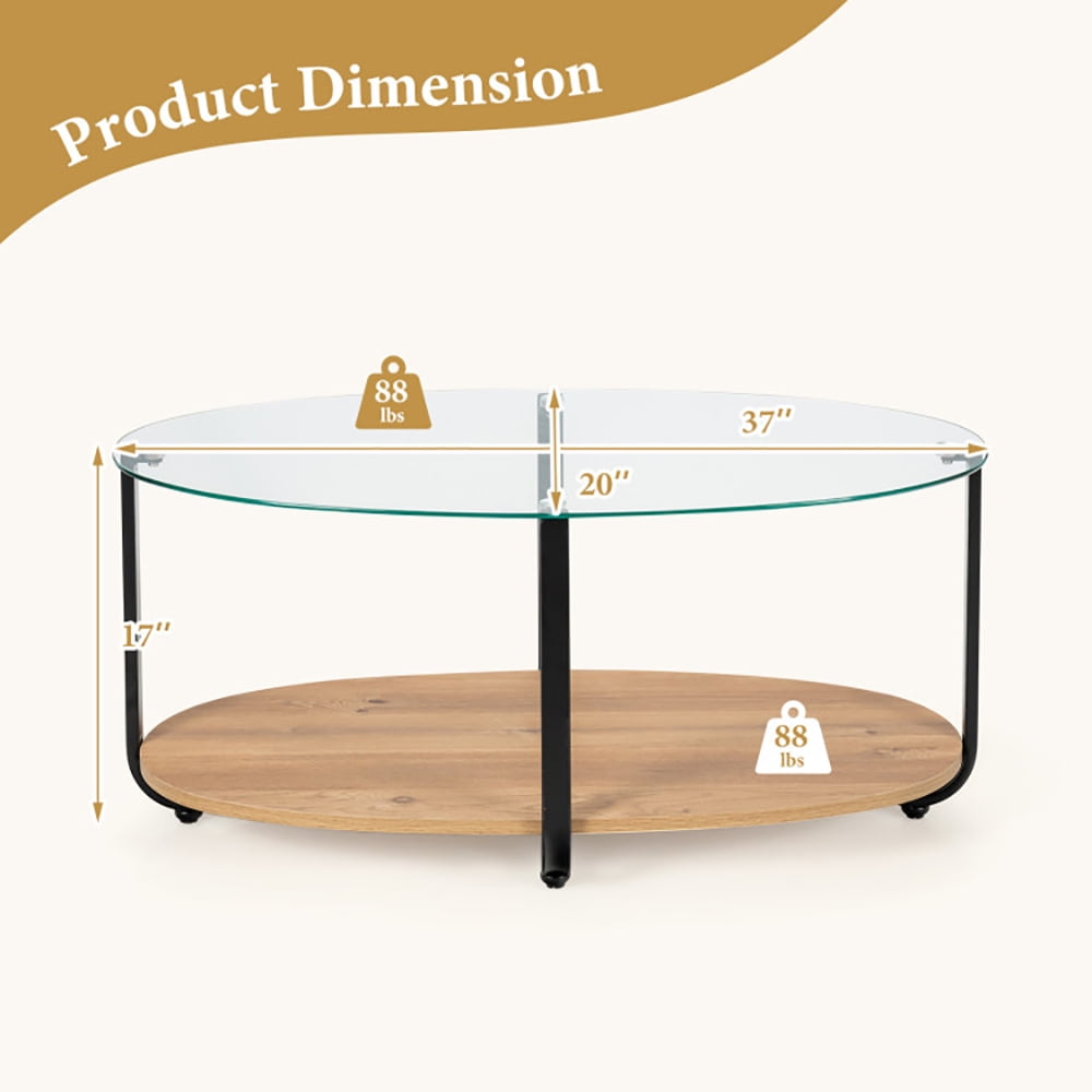 Finihen Glass Coffee Table, Oval Coffee Table, 2-Tier Glass-Top Oval Coffee Table with Wooden Shelf, for Living Room, Reception Room, Brown Finihen Glass Coffee Table, Oval Coffee Table, 2-Tier Glass-Top Oval Coffee Table with Wooden Shelf, for Living Room, Reception Room, Brown