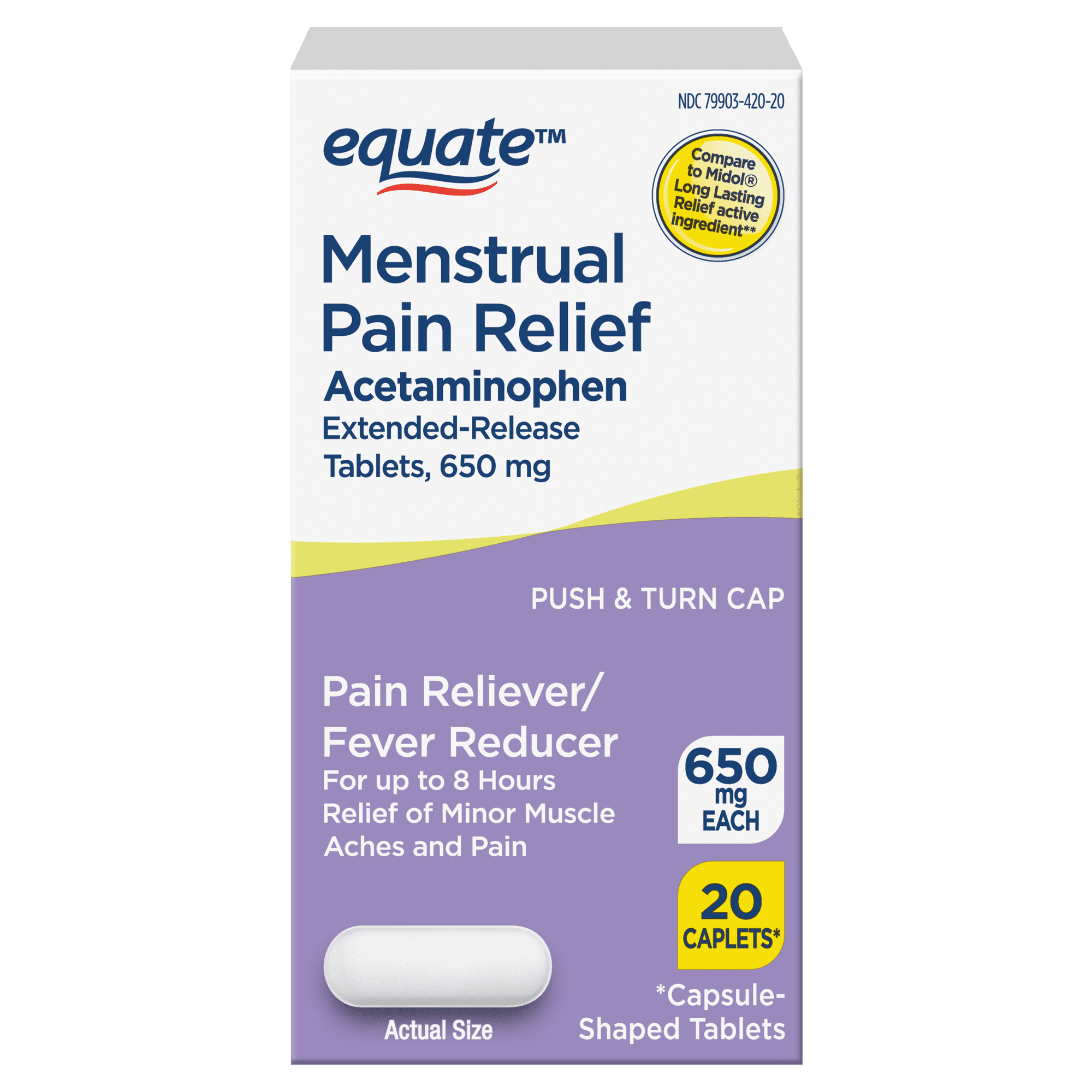 (6 pack) Equate Menstrual Pain Long Lasting Relief Caplets, Extended-Release Acetaminophen, 8 Hour Relief, 20 Count
