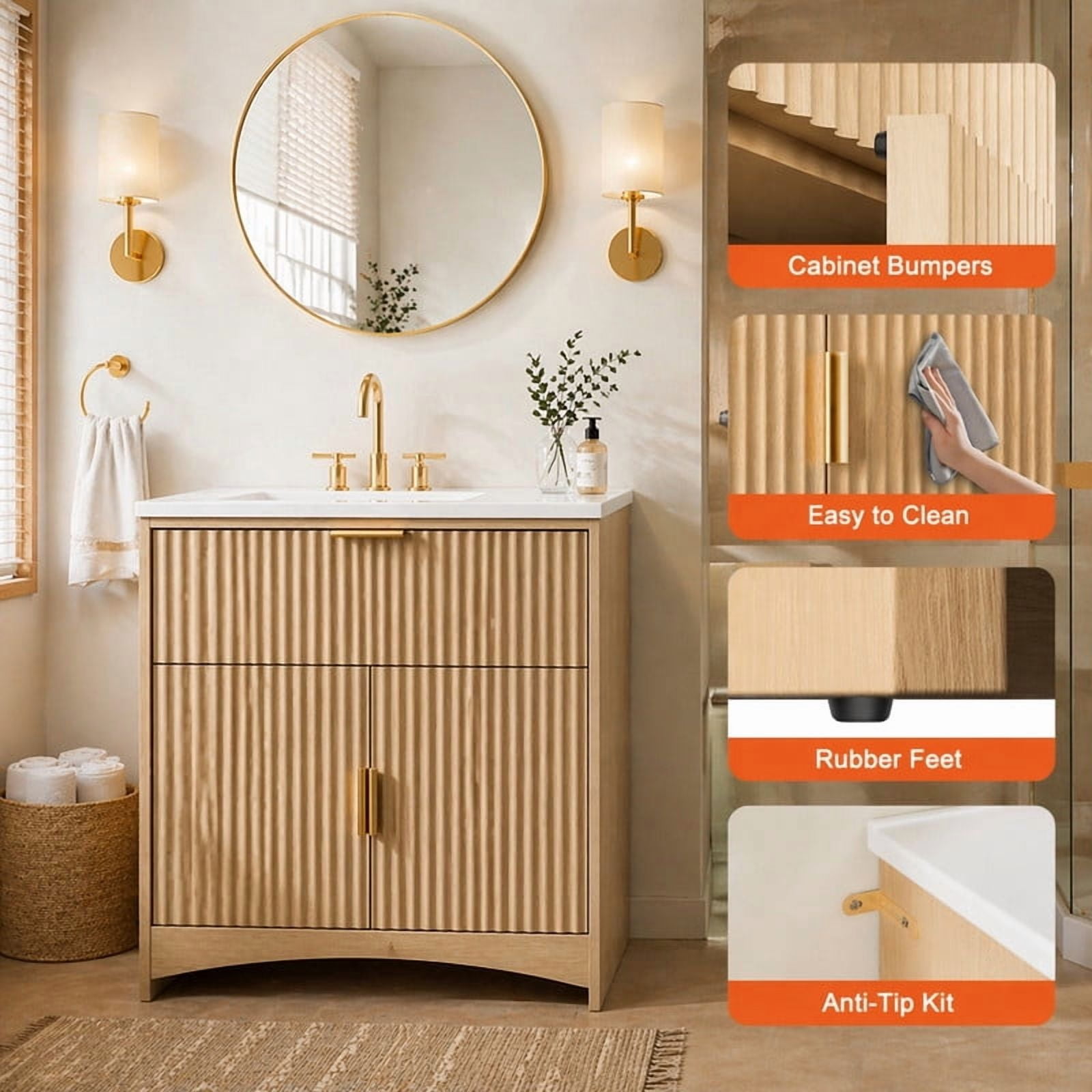 30 Inch Bathroom Vanity with Ceramic Sink, Freestanding Bathroom Sink Cabinet with Fluted Doors, 2 Doors and 1 Drawer, Adjustable Shelf, Modern Bathroom Storage Combo, Natural Oak