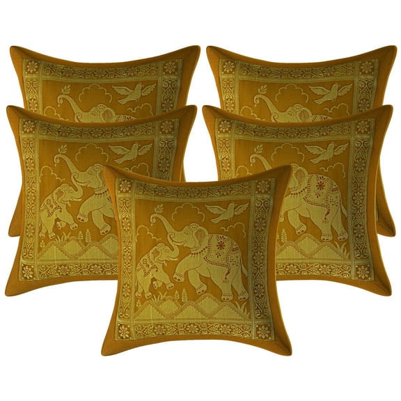 Stylo Culture Ethnic Bohemian Sofa Brocade Brown And Gold Decorative Throw Pillow Covers 12x12 Jacquard Weave Banarsi Living Room Pillow Covers Elephant Floral 30x30 cm Cushion Covers (Set Of 5)
