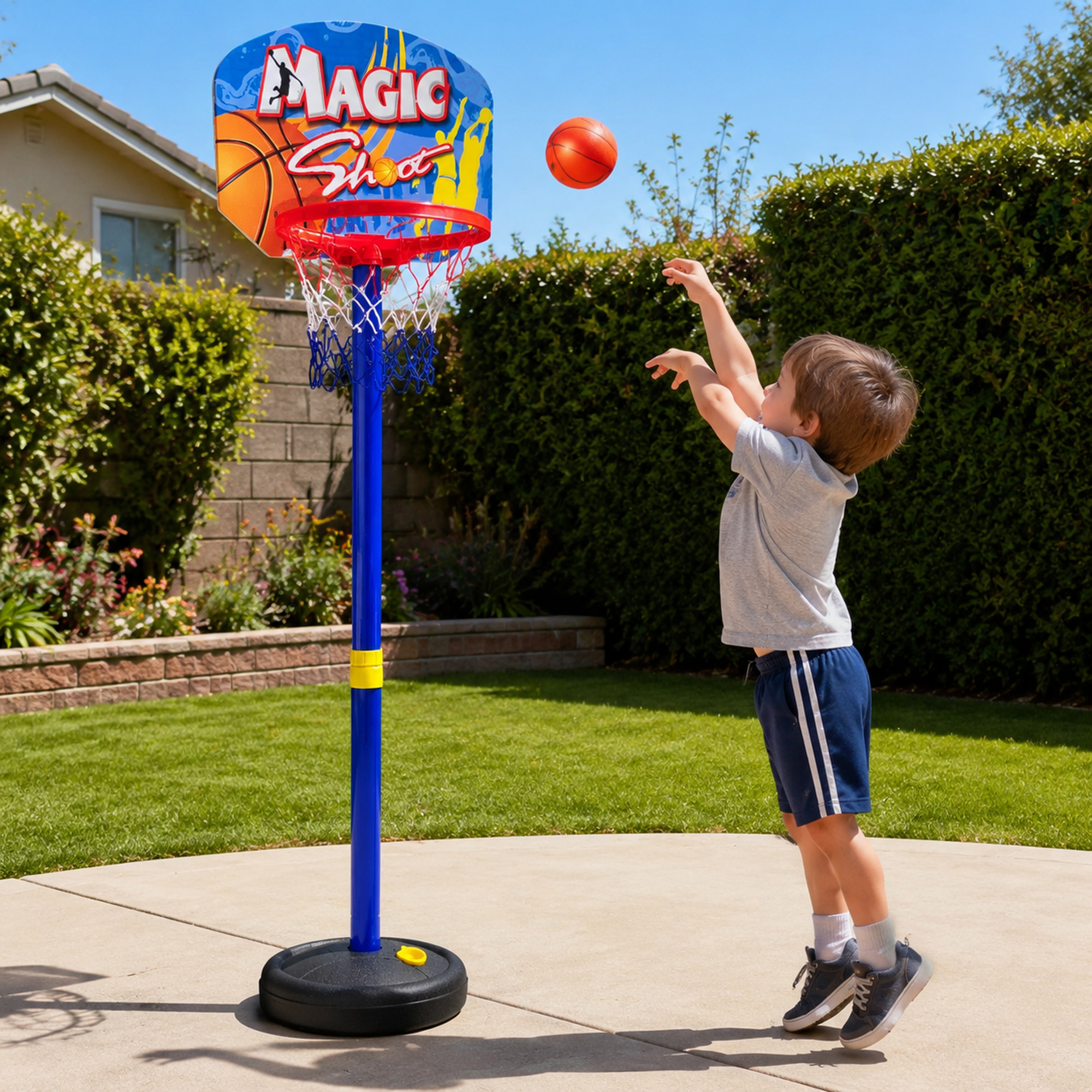 Blue Block Factory Adjustable Toddler Basketball Hoop, 33–50 in Indoor Outdoor Kids Basketball Set with Ball, Pump and Fillable Base, Ages 3+