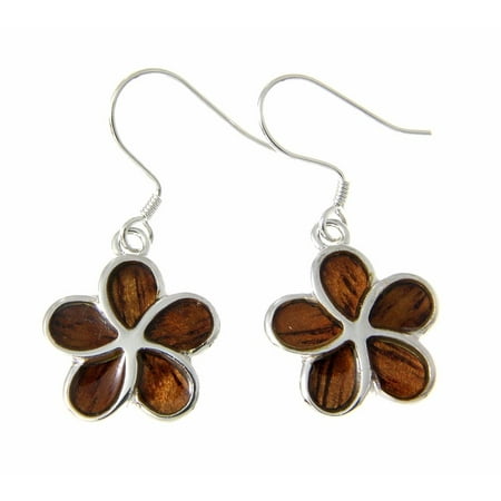 - Koa Wood Hawaiian 15mm Plumeria Flower Rhodium Silver Plated Brass Hook Wire Earrings