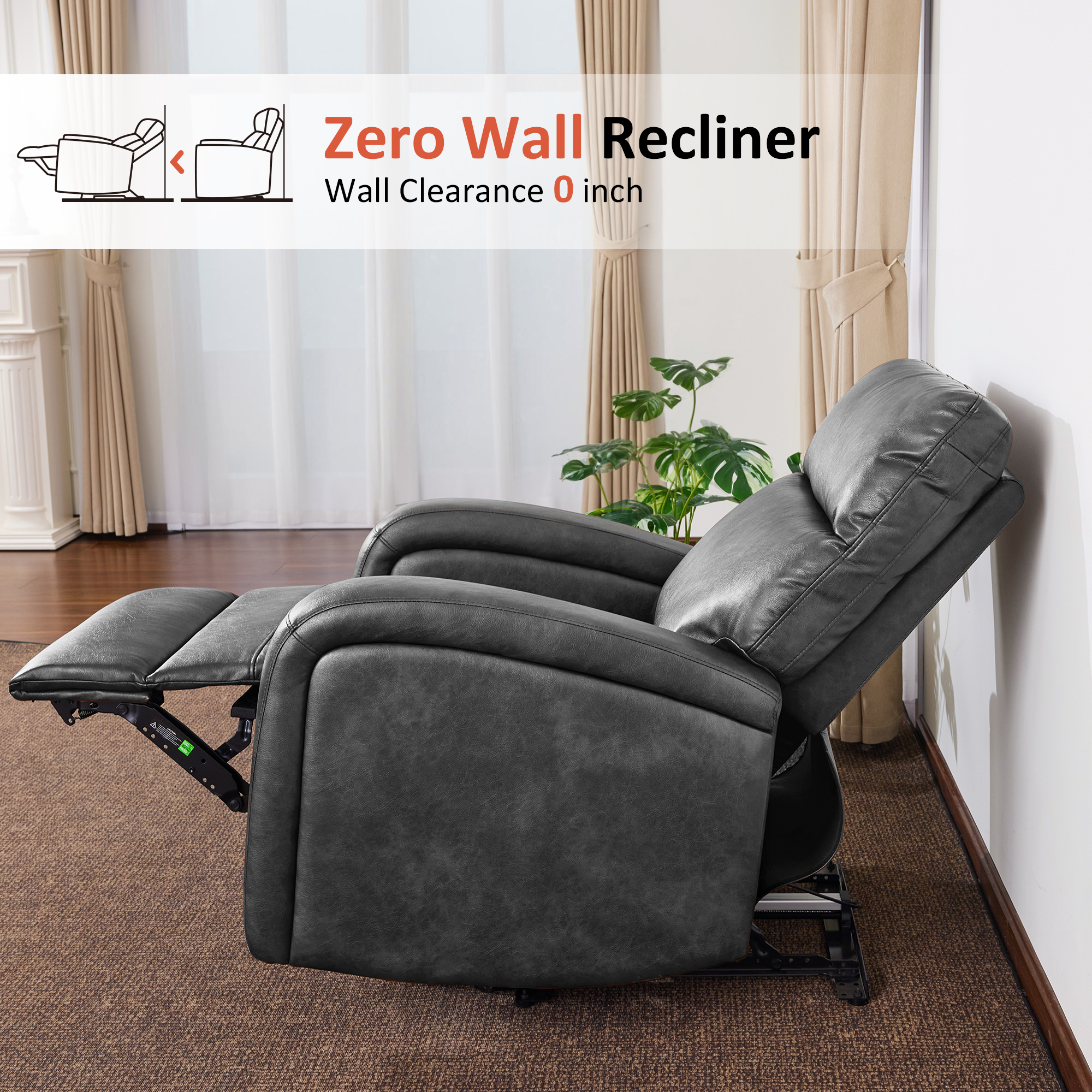 MCombo Zero Wall Hugger Power Recliner Chair for Small Space, Living Room, RV, Dark Grey