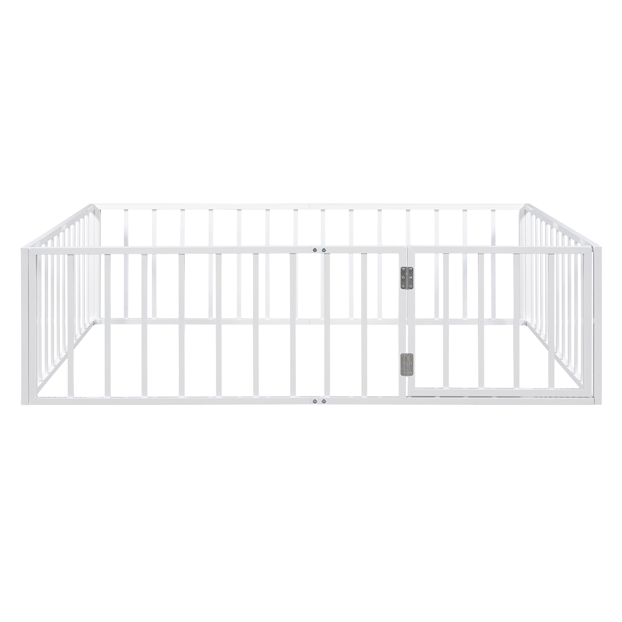 Harper & Bright Designs Full Floor Bed Frame for Kids, Metal Montessori Floor Bed with Rails and Door, Floor Full Size Bed Frame with Fence-Shaped Guardrails, White