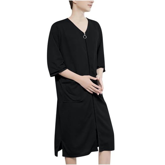 OGLCCG Mens House Coat Robes Lightweight Zipper Short Sleeve Summer Bathrobes Solid Color Soft Comfy V Neck Sleepwear with Pockets