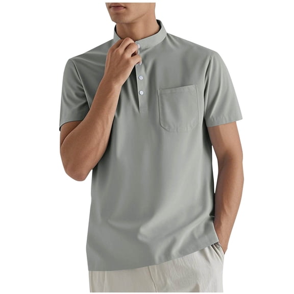 RYRJJ Men's Cotton Linen Henley Shirt Summer Fashion Short Sleeve Hippie Casual Beach T-Shirts with Chest Pocket(Gray,XXL)