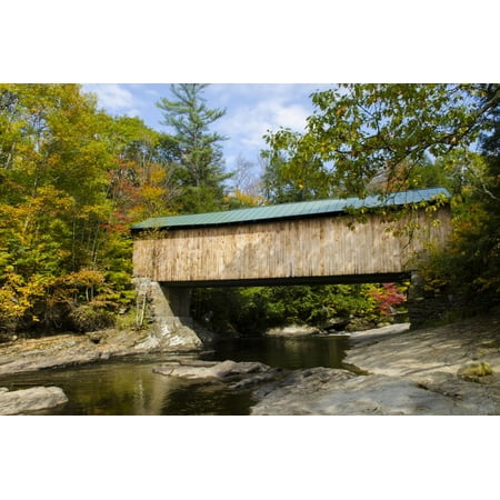 USA, Vermont, Waterville. Montgomery Covered Bridge with Fall Foliage Print Wall Art By Bill