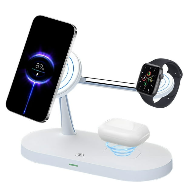 Cargador inalámbrico de doble bobina 5 en 1 para teléfono móvil, carga rápida de 15 W para reloj, auriculares y carga inalámbrica.