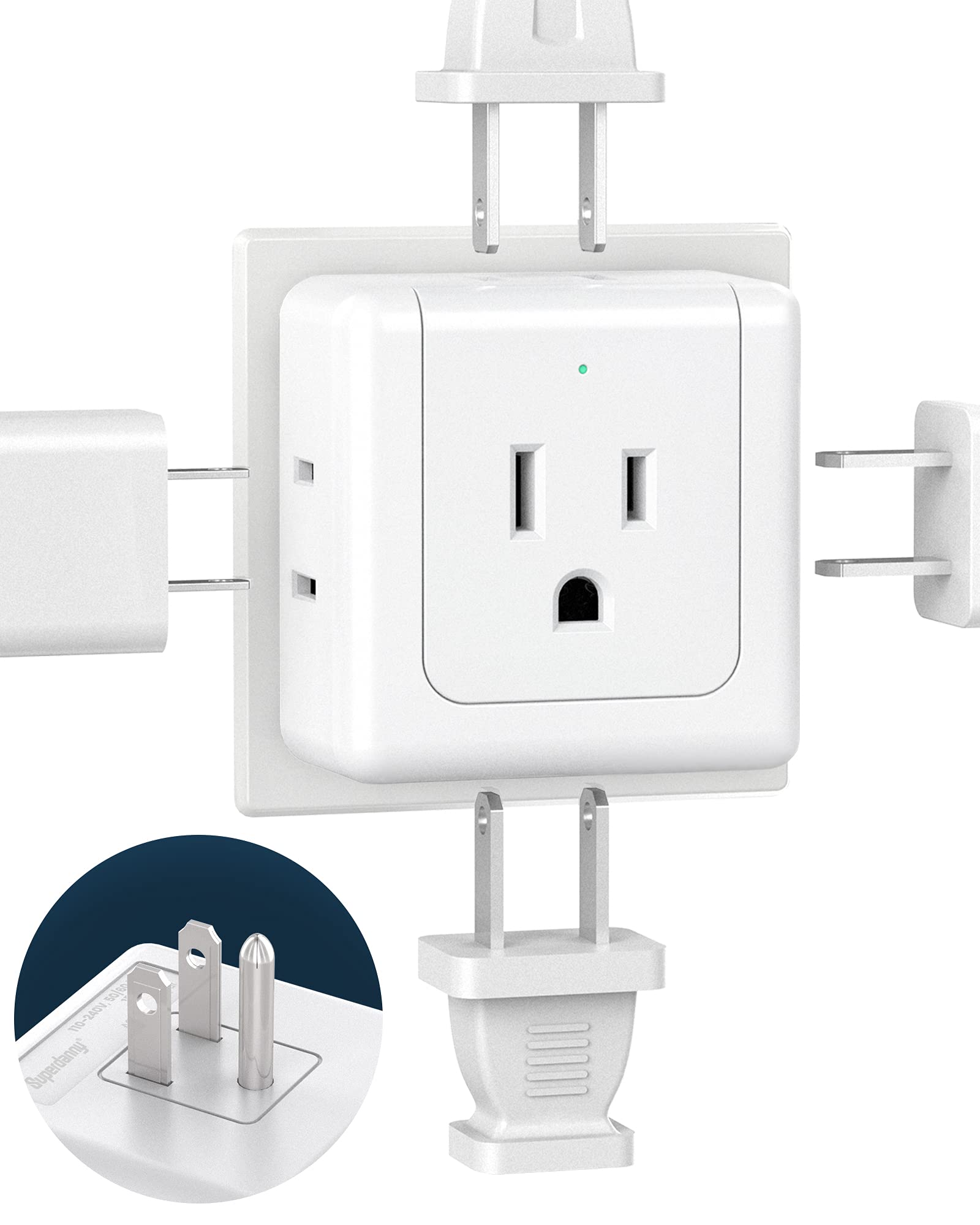 Wall Outlet Extender, 5 Way Outlet Splitter, Wall Plug Extender, 90 Degree Plug Adapter, 3 Prong