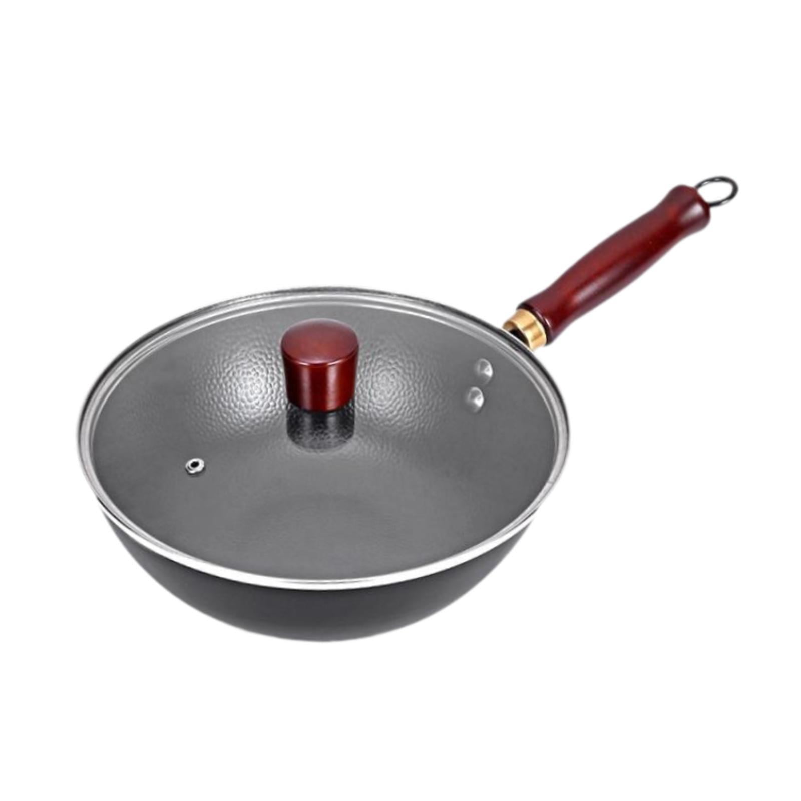 Fiocias Iron Wok Nonstick Pot Easy to Clean Wooden Handle Rustproof Kitchen Round Bottom With Lid