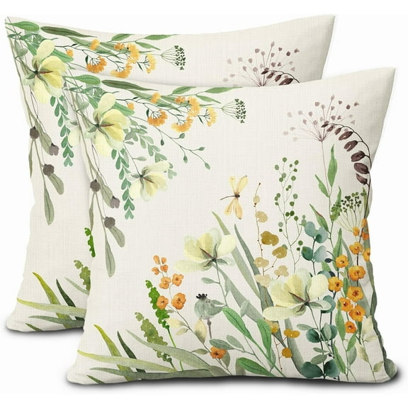 Spring Summer Pillow Covers 20X20 Inch Set of 2 Yellow Flowers Leaves Butterfly Decorative Pillow Cases Green Leaf Floral Cotton Linen Cushion Case Farmhouse Home Decor for Sofa Couch Porch Outdoor