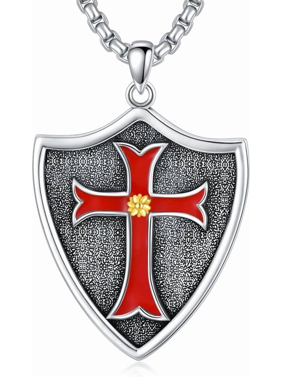 Knights Templar Necklace for Men Sterling Silver Shield Pendant with 3mm 24+2 inch Stainless Steel Chain Men's Verse Bible Armor of God Necklace Religious Necklace Gifts for Men Women