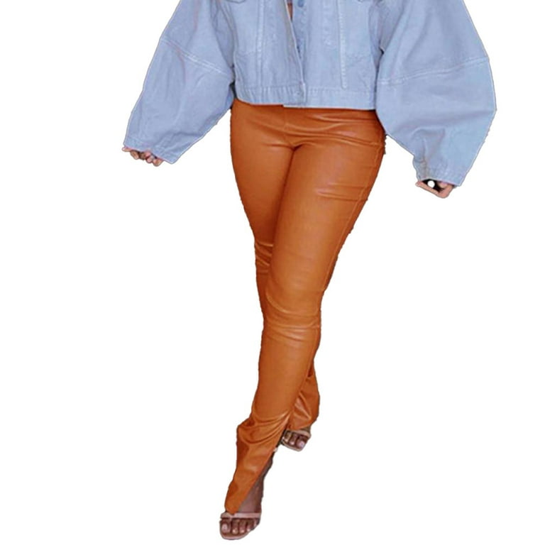 BUYISI Women Fashion Pants Straight Skinny Long High Waist Split Hem Faux  Leather Pants Orange XL