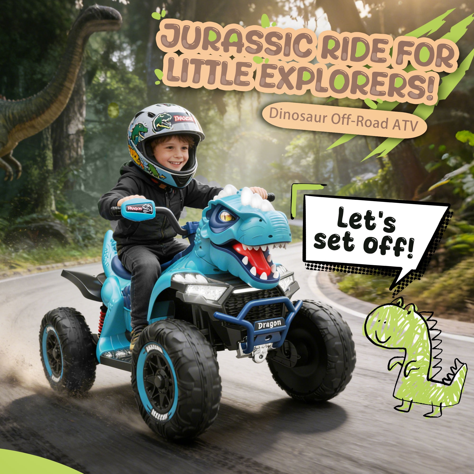 KEEPSUN 12V Ride on Toy for Kids, Dinosaur Ride on Car w/ Remote Control, 2-Seater 4 wheeler Kids ATV Quad with 100W*2 Motors, Bluetooth, Spring Suspension, Music, Cool Lights, Blue