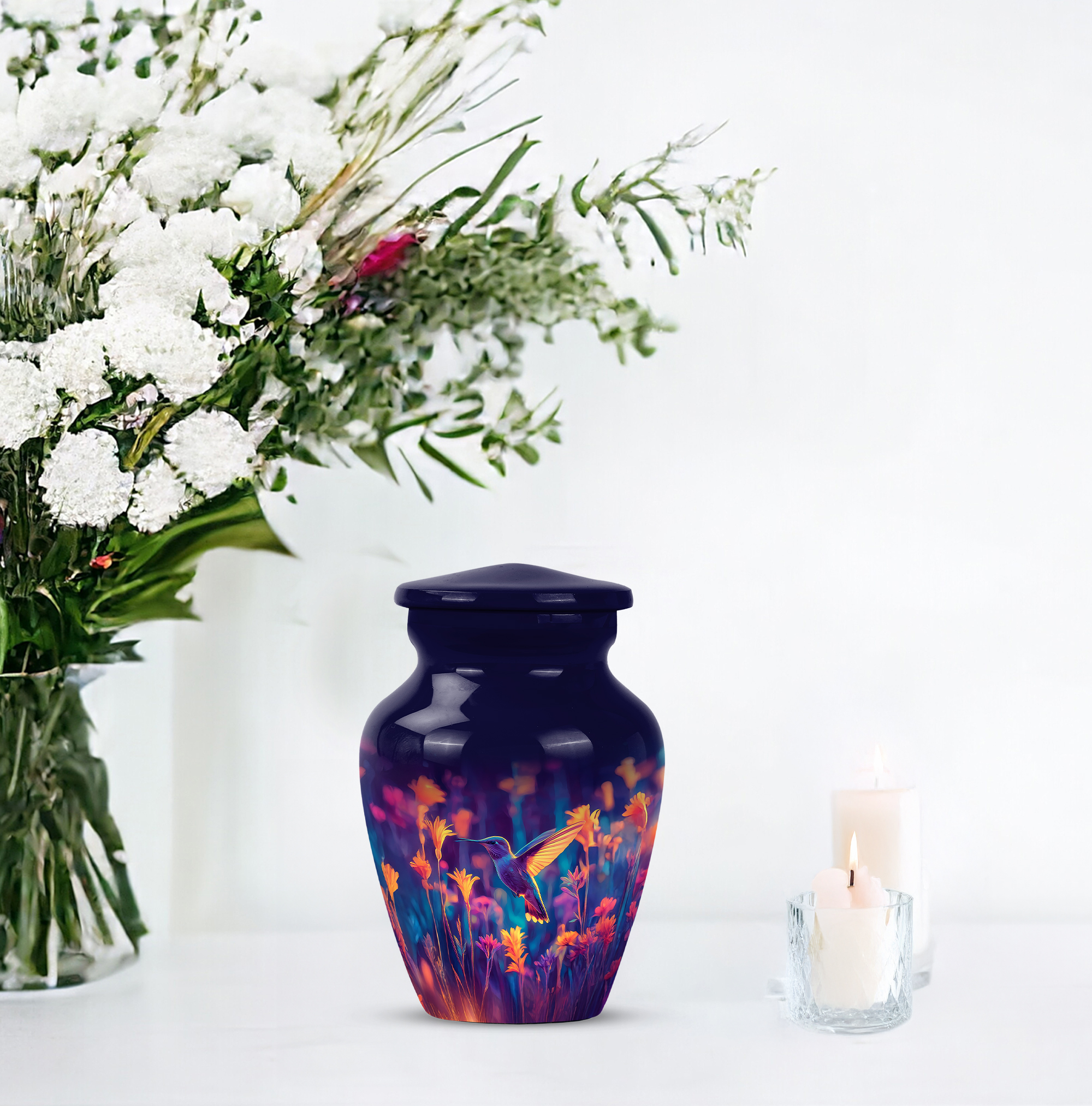 MUKTIVE Hummingbird Urns for Human Ashes for Men & Women 3 Inch - Yellow Flowers keepsake Urn for Ashes Adult Male - Cremation Urns for Burial, Funeral & Memorial - Dark Blue Samll Urn for Dad & Mom