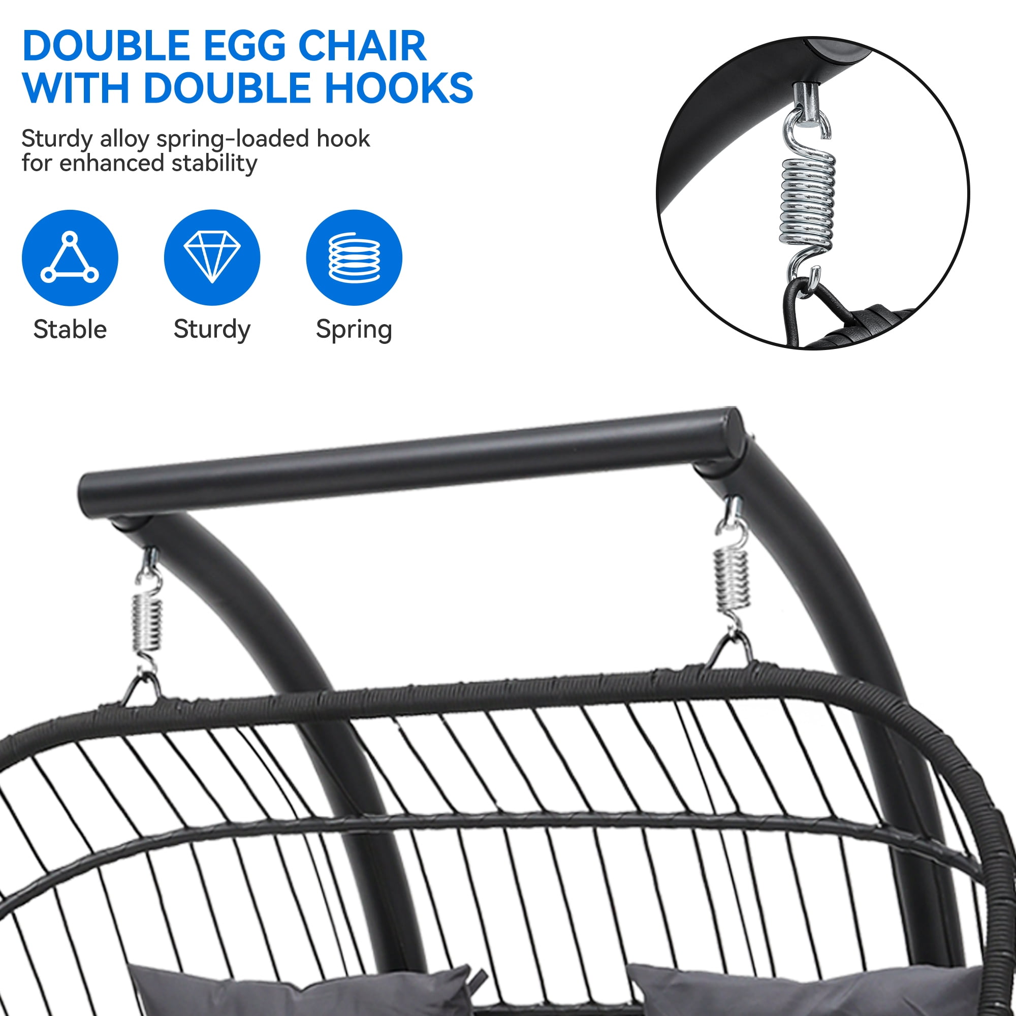 Uforic Outdoor Double Hanging Egg Swing Chair: Opulent Seating for Two, Wicker Rattan Loveseat with Cushions, 500lbs Weight Capacity, Perfect for Poolside and Balcony, Gray