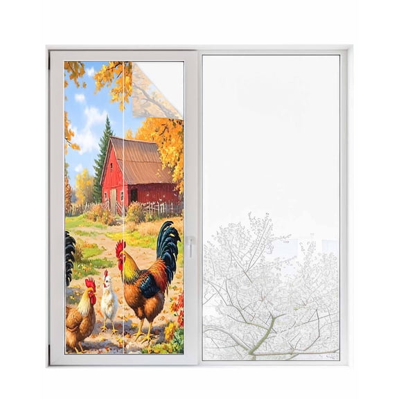 Window Privacy Film Yellow Retro Rooster Stained Glass Window Film Decorative Sun Block Window Cover Spring Floral Pastoral Animals Window Clings Static Adhesive Sticker for Bathroom 23.6"x59"