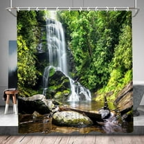 Waterfall Forest Shower Curtain - Green Plant Tree Falling Water Lake Nature Landscape, Creative Window Scenery, Polyester Fabric Curtains with Hooks, 70W x 70H Inch, Ideal for Tranquil and Scenic Bat