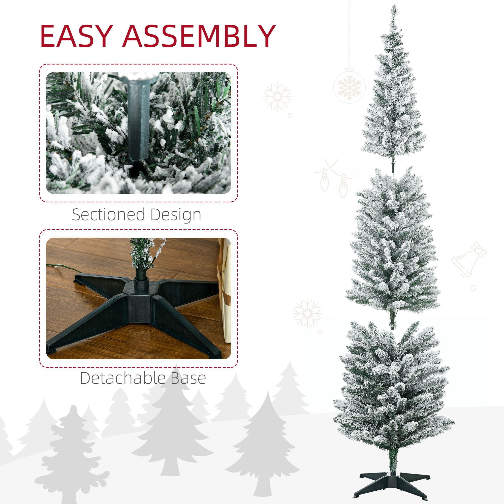7 ft Pencil Christmas Tree with Warm White LED Lights, Slim Artificial Holiday Tree for Small Spaces, 499 Tips, Indoor Use