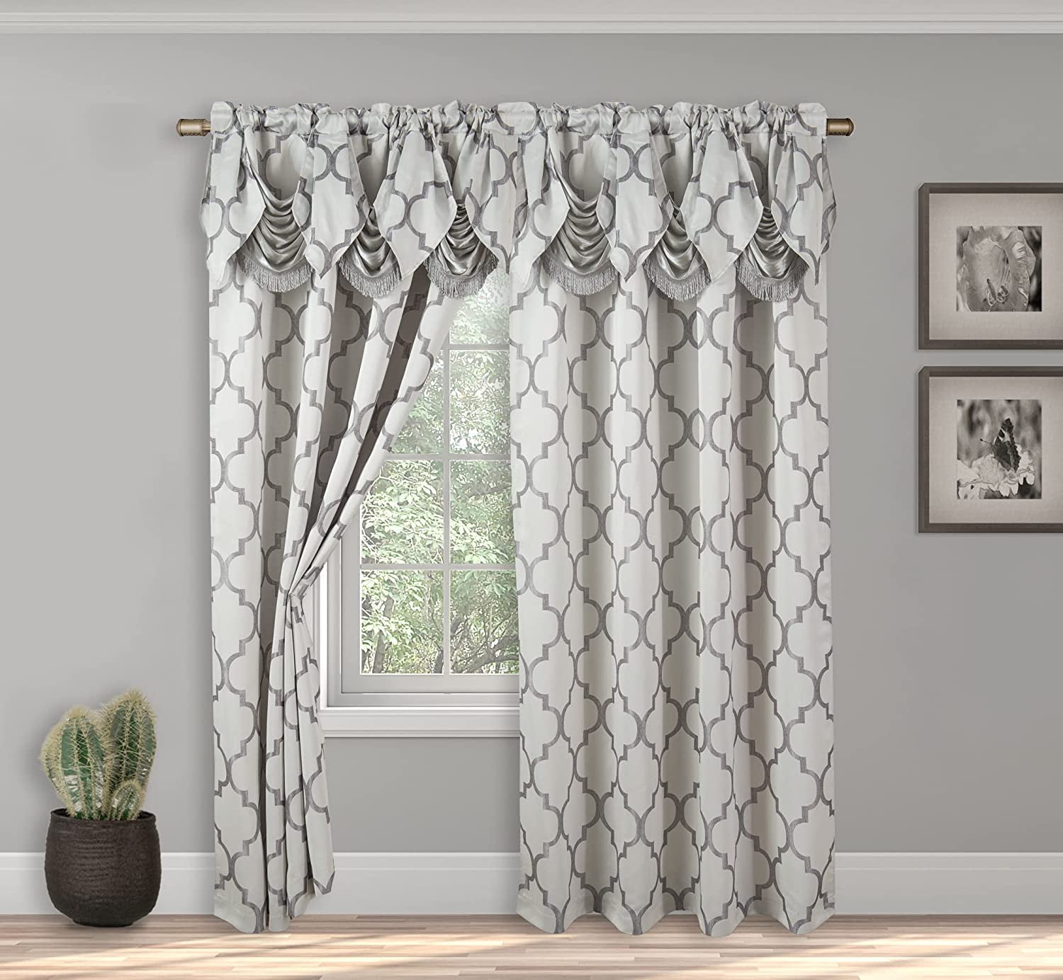 Moroccan Trellis Print Curtain Panel Set with Attached Waterfall