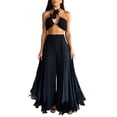 thumbnail image 3 of Women Ruffle Trim High Waisted Tassel Hem Flowy Pleated Boho Modest Wide Leg Pants Black L, 3 of 8