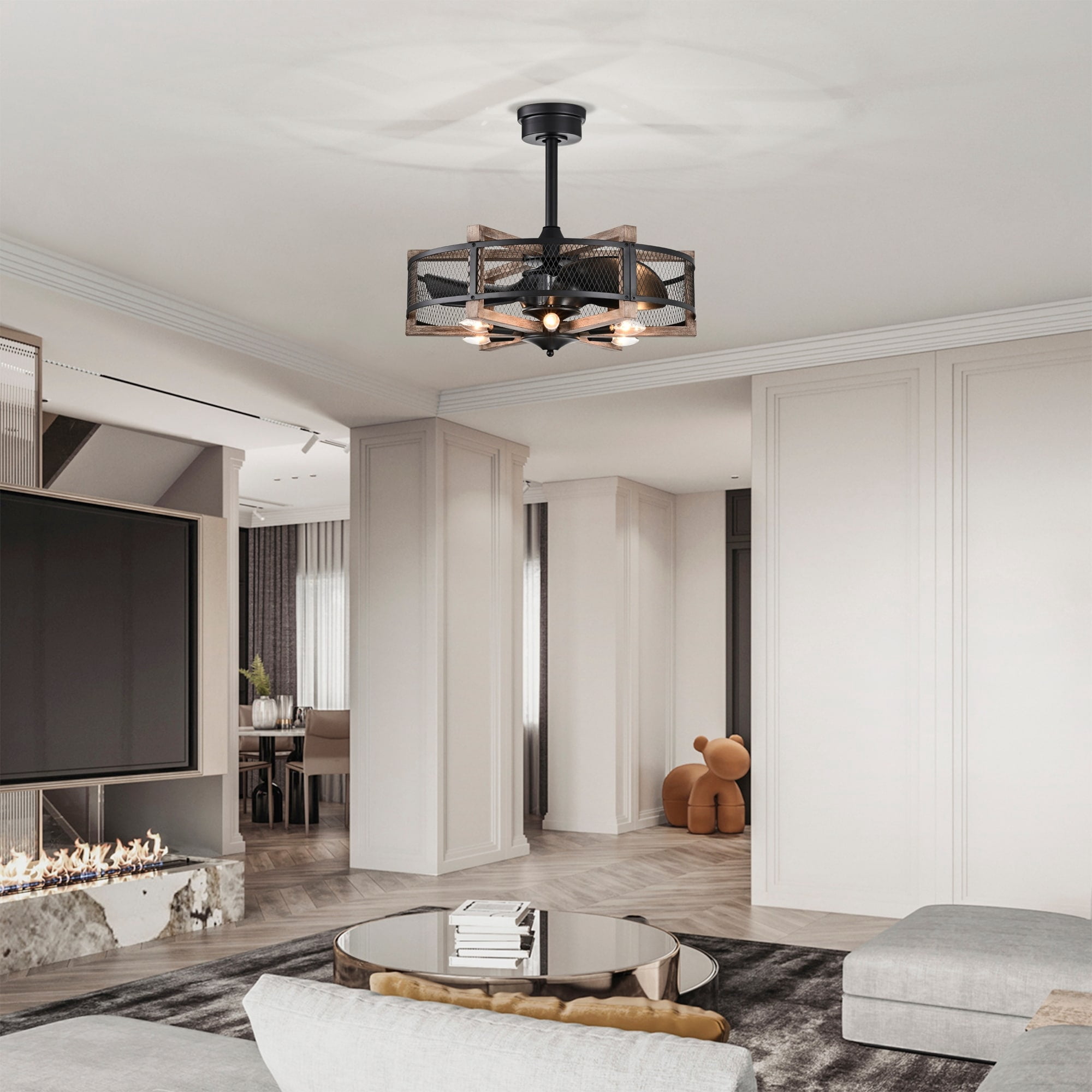 Wulf 24 in. 6-Light Indoor Matte Black and Faux Wood Grain Finish Ceiling Fan with Light Kit