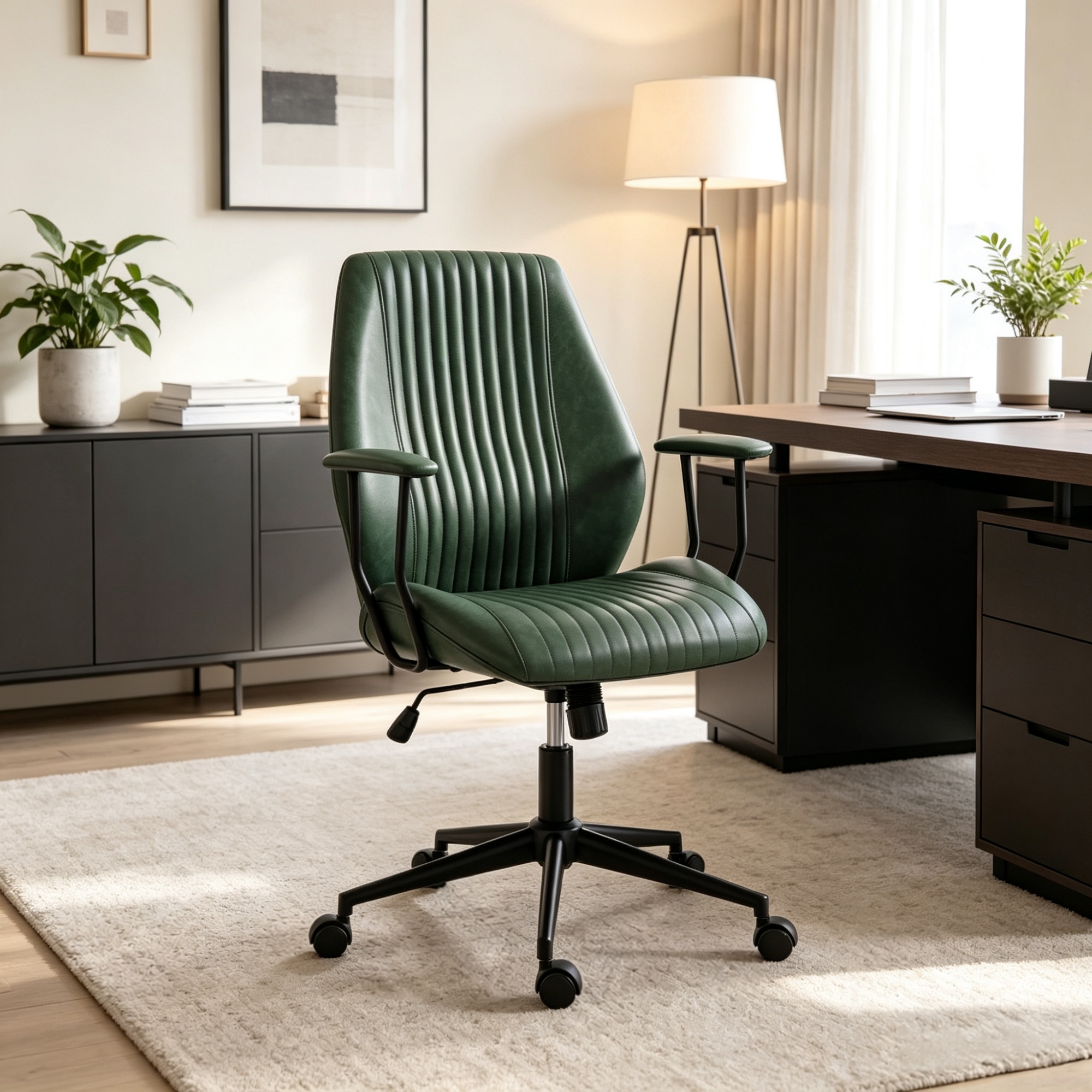 Vintage Leather Office Desk Chair, Padded Arms, 360° Swivel & Adjustable Height, Green