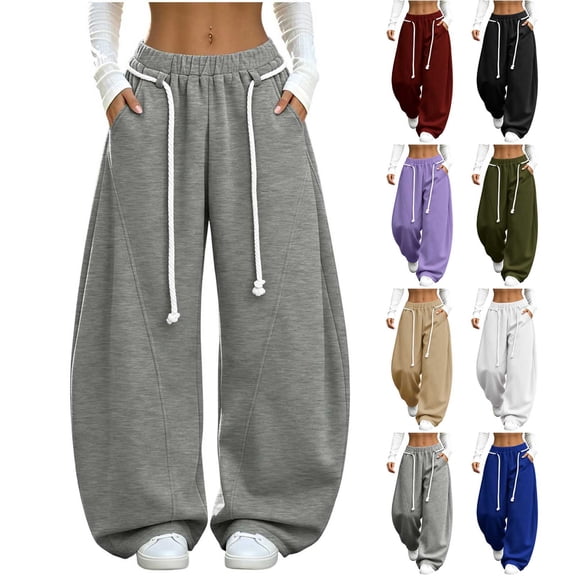 YABCSAZ Women's Baggy Barrel Sweatpants Oversized Tapered Wide Leg Sweat Pants Rope Drawstring Elastic Waist Y2K Streetwear Trousers with Pockets