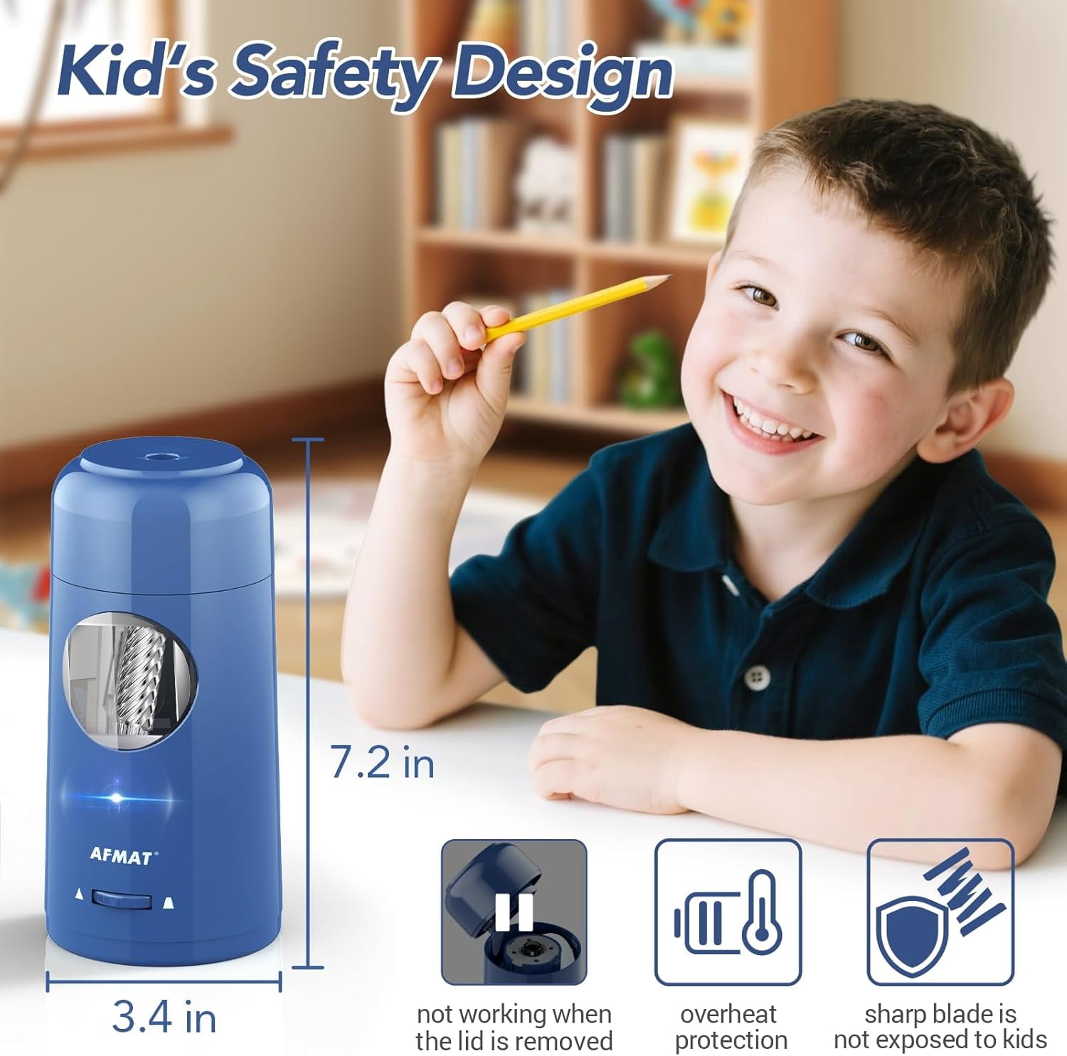 AFMAT Electric Pencil Sharpener, Rechargeable Fully Automatic Pencil Sharpener for Jumbo & Colored Pencils (7-11.5mm), Auto in/Out, Hands-Free, Portable for Home/Classroom/Office,Blue