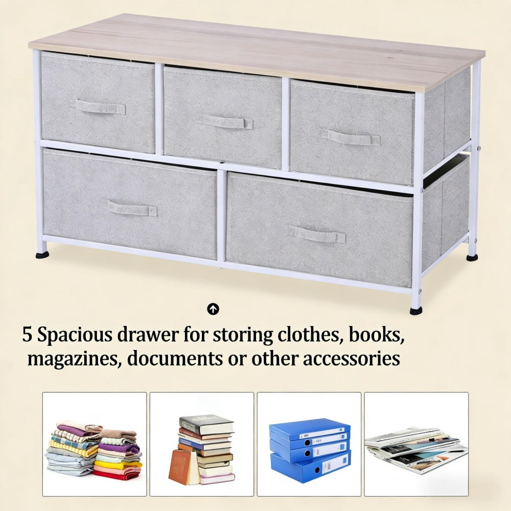 5 Drawer Fabric Storage Dresser Grey Non-Woven Drawers White Steel Frame Natural Wood Top Slim Chest Organizer for Bedroom Living Room Entryway