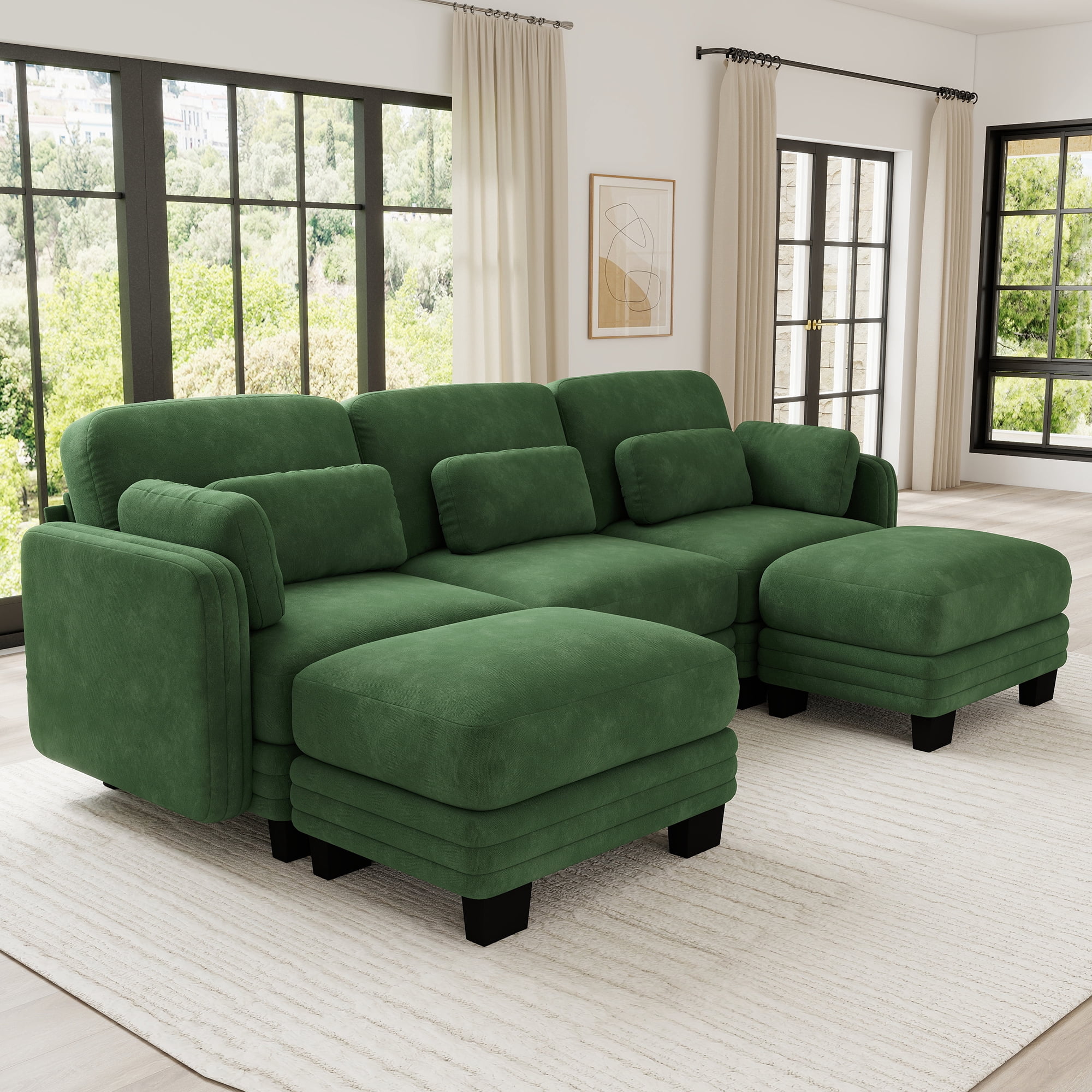 100" U-shaped Tufted Modern Modular Sectional 3 Seater Sofa Couch with 2 Ottomans and 5 Pillows