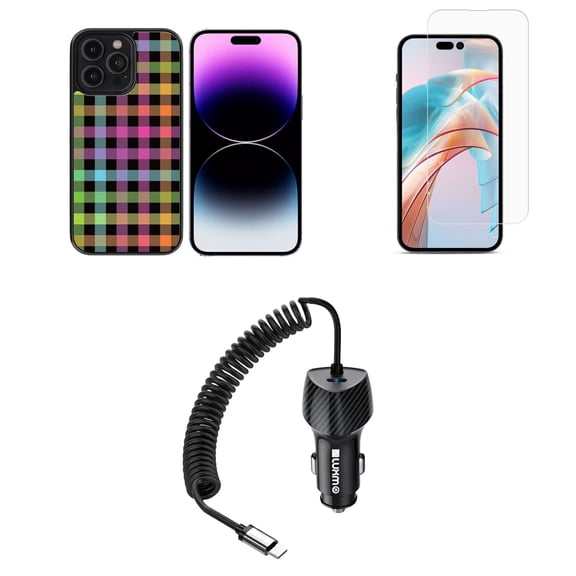 Bemz Phone Case for iPhone 15 Plus Bundle with Lightweight Shockproof Scratch Resistant UV Print Protective TPU Cover, Glass Screen Protector, 40W Car Charger (USB-C Port) - 5 Foot (Colorful Cubes)