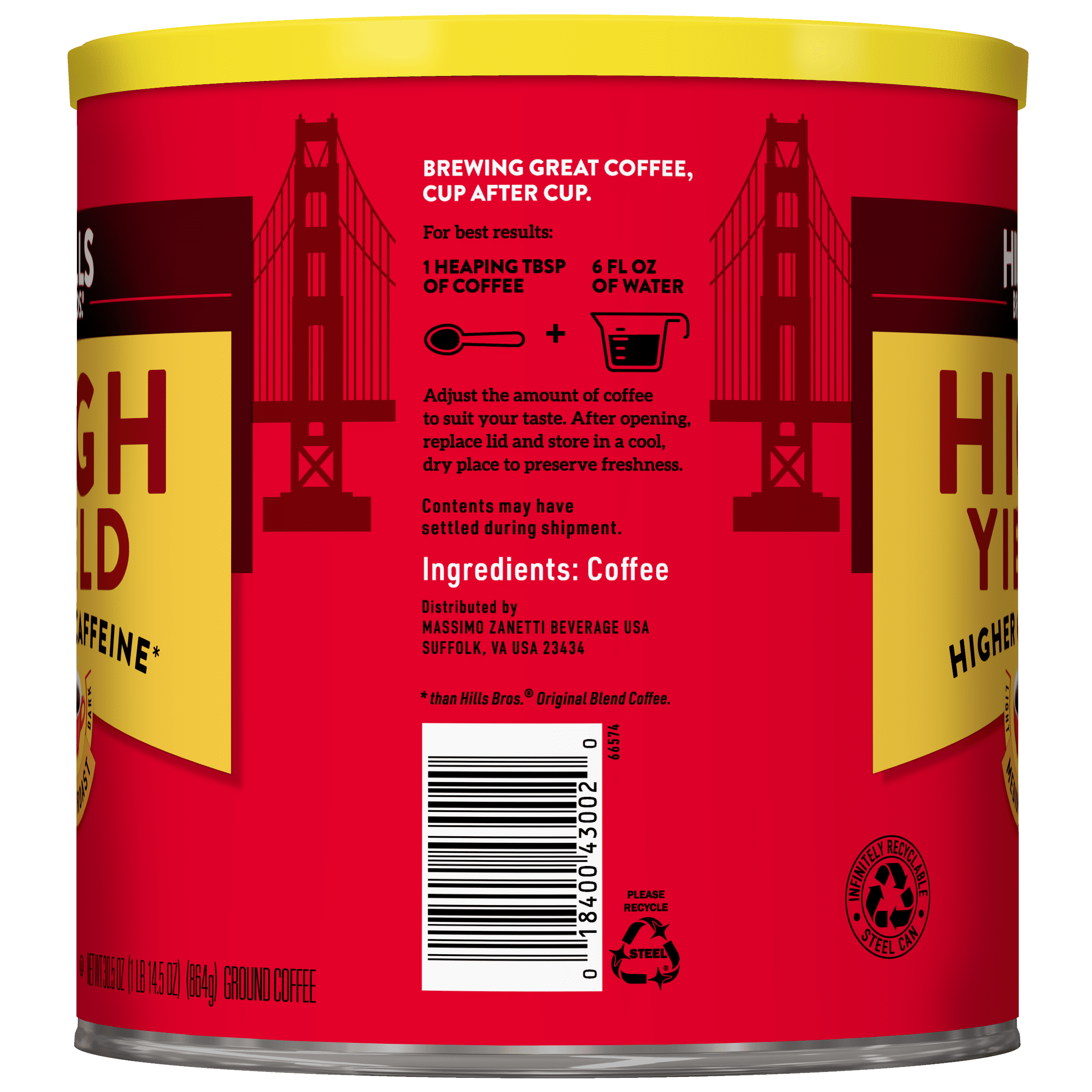 Hills Bros. High Yield Ground Coffee, Medium Roast, 30.5 Ounce Can