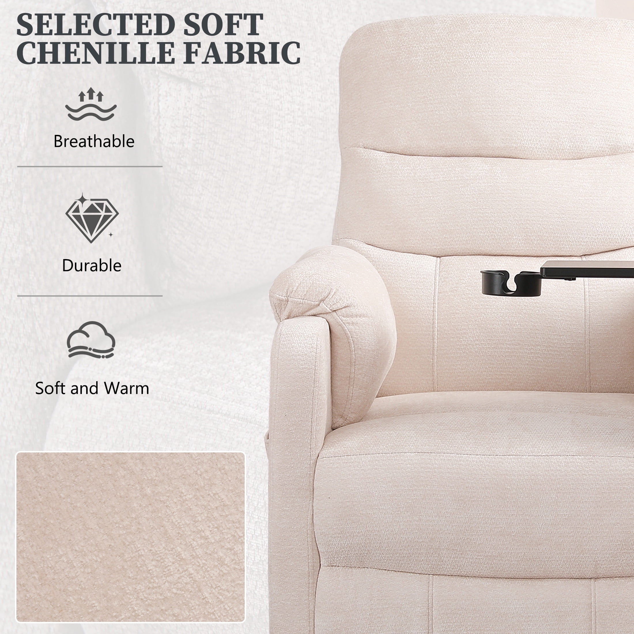 Holaki Power Recliner Chair, Modern Chenille Recliner Chair Swivel Table Top & Built in Cup, Adjustable Home Theater Seating with Lumbar Support, Small Nursery Recliner for Living Room, Beige