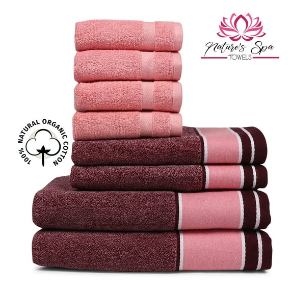Superior 100% Cotton Set of 8 Bath Towel Set Pink, Nature's Spa Towels