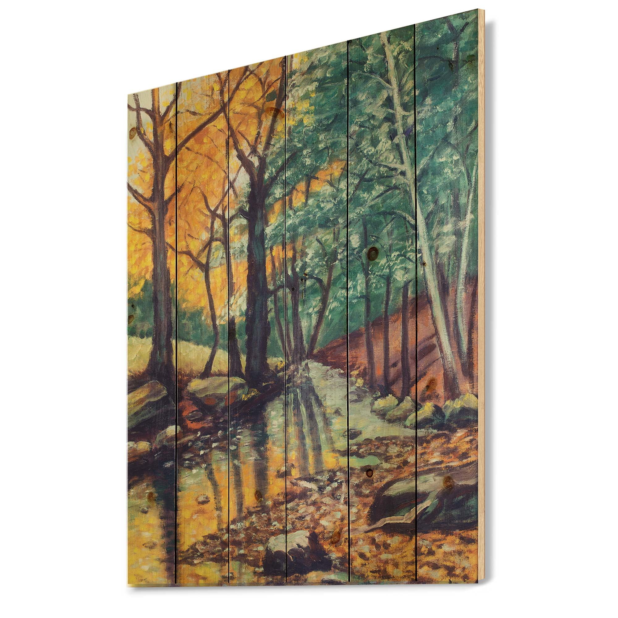 Designart 'Landscape With Autumn Forest Sunset River' Traditional Print on Natural Pine Wood