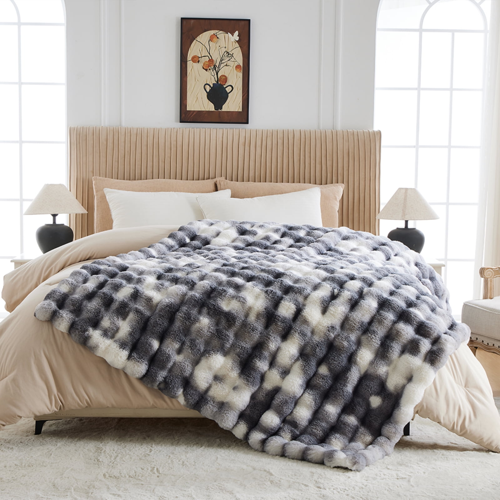 GEMBED Faux Fur Throw Blanket for Couch Fuzzy Soft Plush Thick Bubble Blanket for Living Room, 50x60 inches, Tie Dye Gray