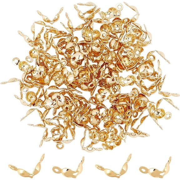 120pcs Golden Bead Tips Knot Covers Stainless Steel Calotte Ends Open Clamshell Knot Covers Fold-Over Bead Tips Small Hole End Caps