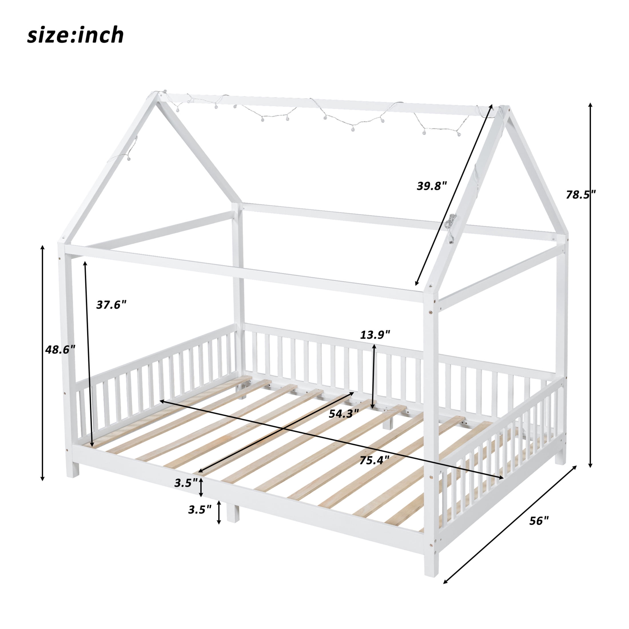 Noble House Auburn Full Size Wood House Bed with Integrated Guardrail and LED Lights, Sturdy 4-Poster Play Bed, White
