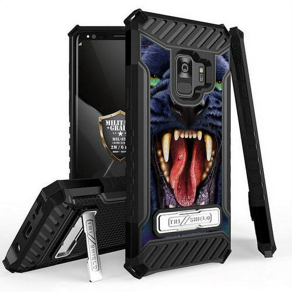 Galaxy S9 Case, Trishield Durable Shockproof High Impact Rugged Armor Phone Cover Built In Kickstand for Samsung Galaxy S9 Only Printed Panther Black